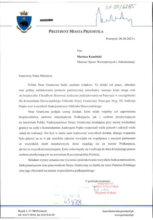 Pismo dot. przekazania podziękowań Prezydenta Miasta Przemyśla dla Komendanta, funkcjonariuszy oraz pracowników BiOSG