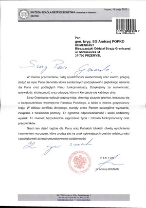 Pismo od Rektora Wyższej Szkoły Bezpieczeństwa z siedzibą w Poznaniu
